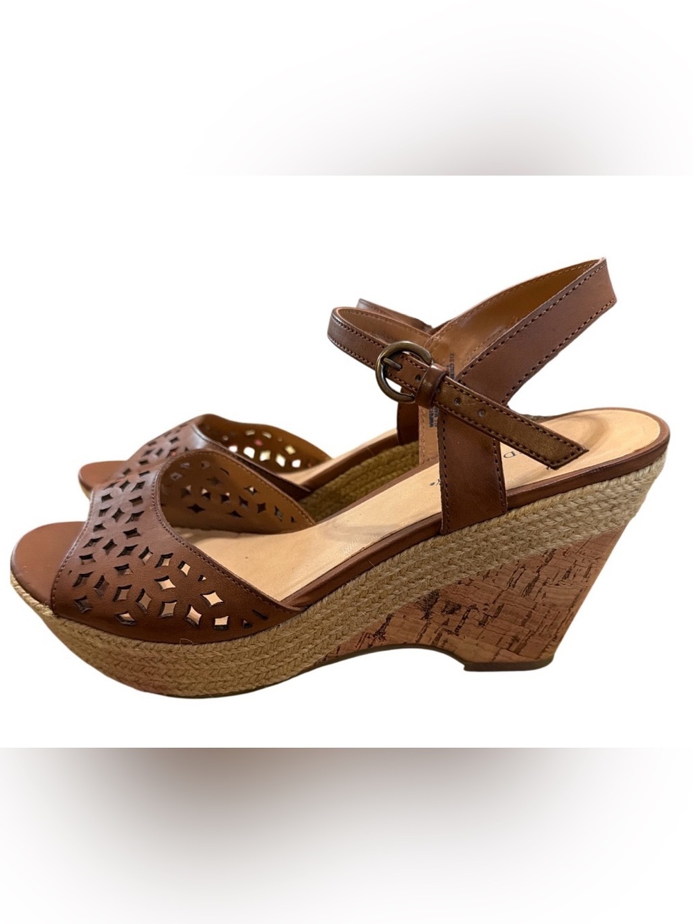 NWOT-Brown Leather Wedge Sandals with Cutout Detail